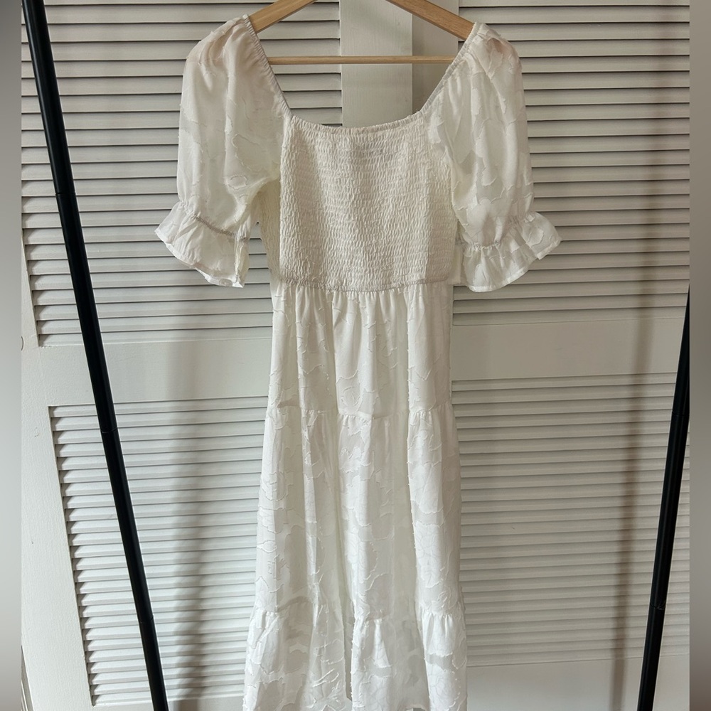 White Smocked Puff-Sleeve Midi Dress